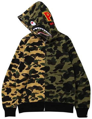 Size M BAPE 1st Camo Half Shark Full Zip Hoodie Green Yellow - Mann