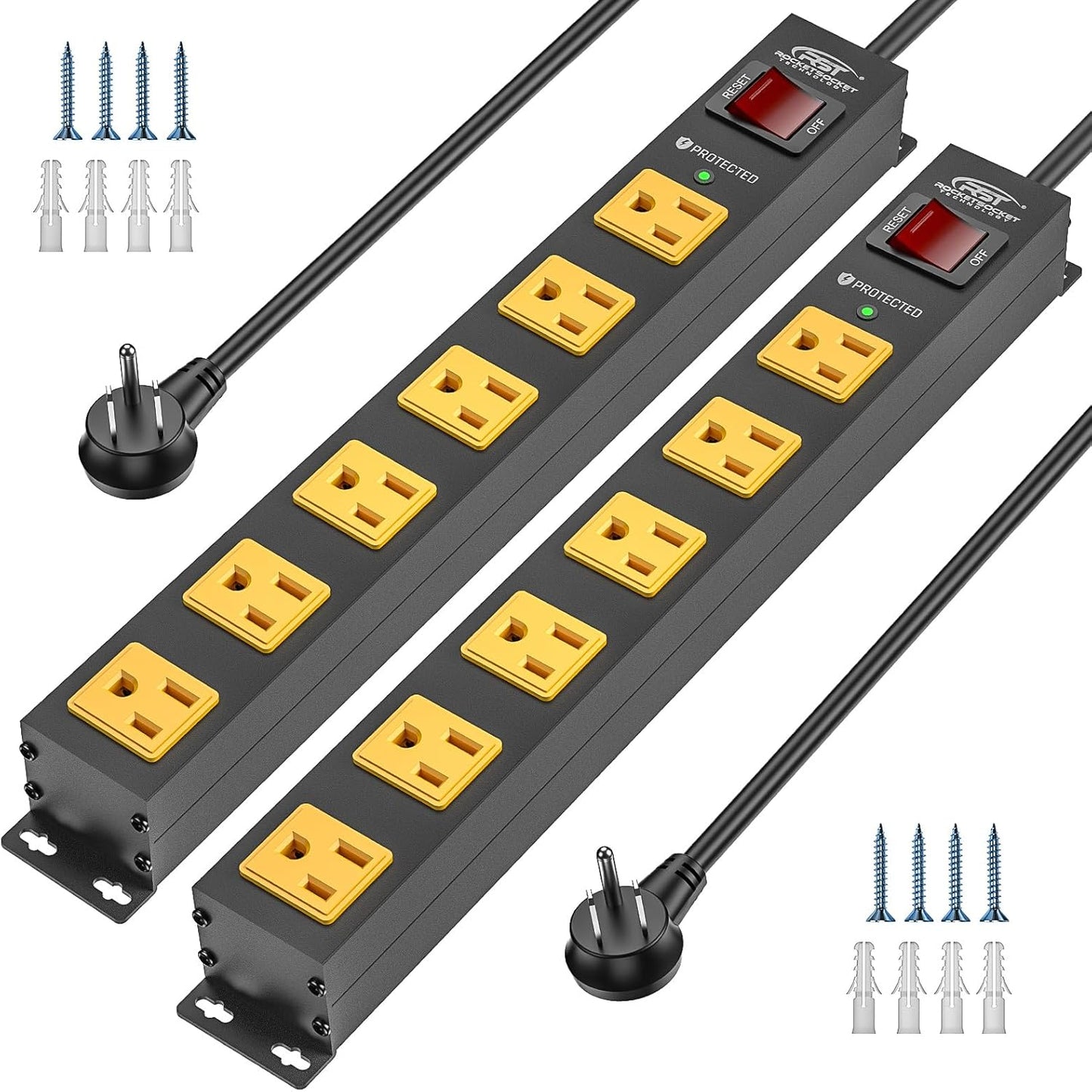CRST 2PK Wider Spaced 6 Outlet Metal Surge Protector Power Strip 2100J 15A 1875W Heavy Duty Mountable Power Bar 6FT Flat Plug Extension Cord - Mann