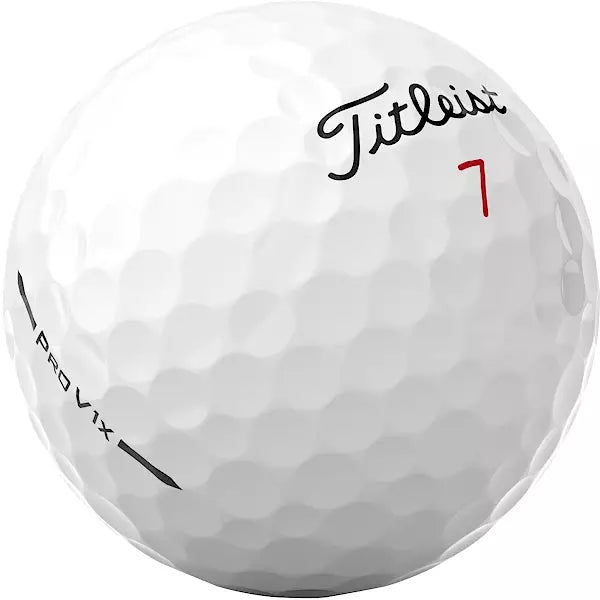 Titleist Pro V1x golf ball with black logo and red number 7 on white dimpled surface