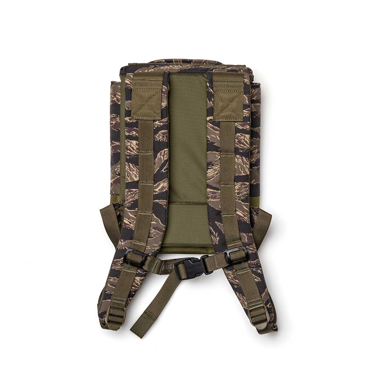 Tiger stripe camo backpack with padded straps and buckle, men's fashion accessory on white background