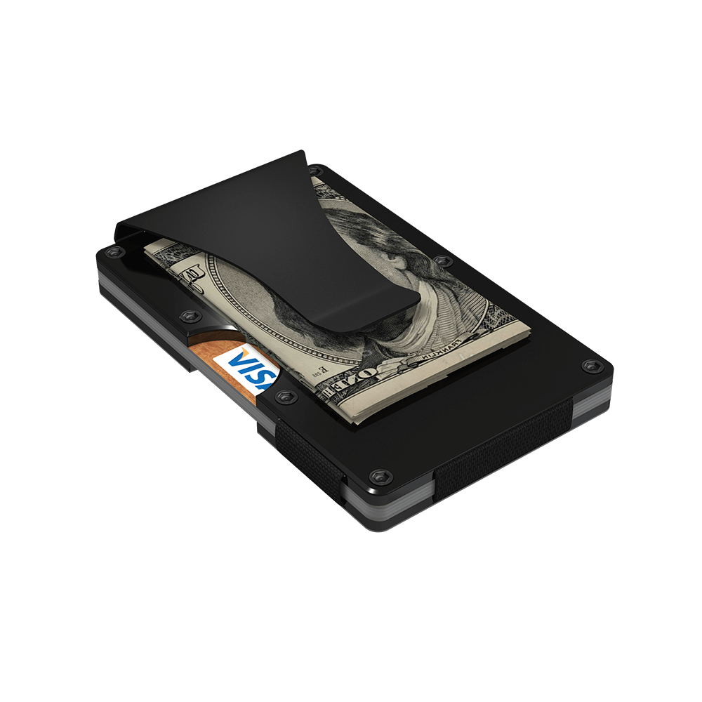 Bottom view of the black aluminum RFID blocking wallet with the money clip visible.