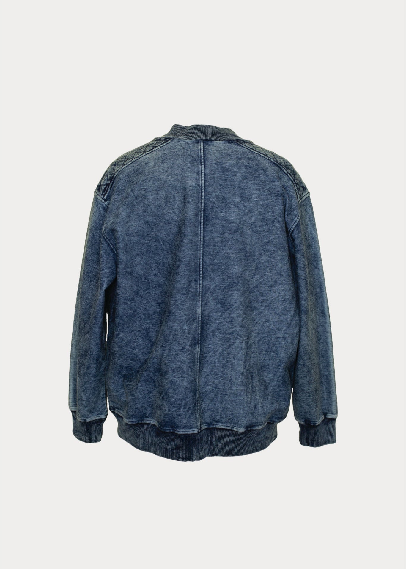 Indigo blue bomber jacket with quilted shoulder detail, men's fashion by MANN, back view