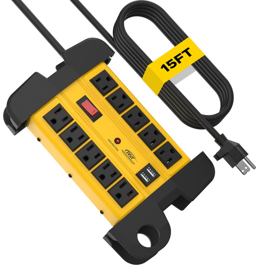 CRST 10 Outlets Dual USB Mountable Heavy Duty Metal Power Strip Surge Protector with Cord Wrapping Design, 15FT Power Cord - Mann