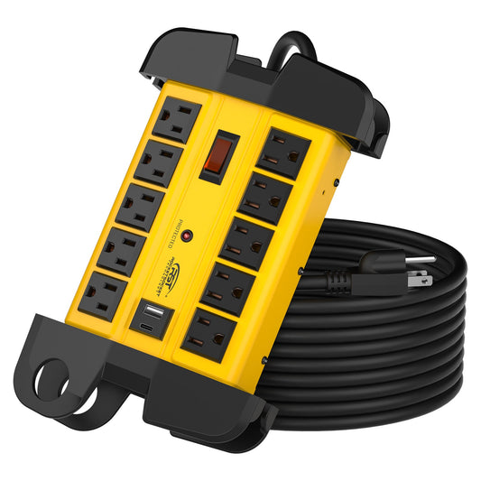 CRST 10-Outlet + USB-C Heavy Duty Metal Surge Protector Power Strip w/ Cord Wrap Holder - 2800 Joules Protection, Wall Mountable, 15ft Cord, ETL Listed - Mann