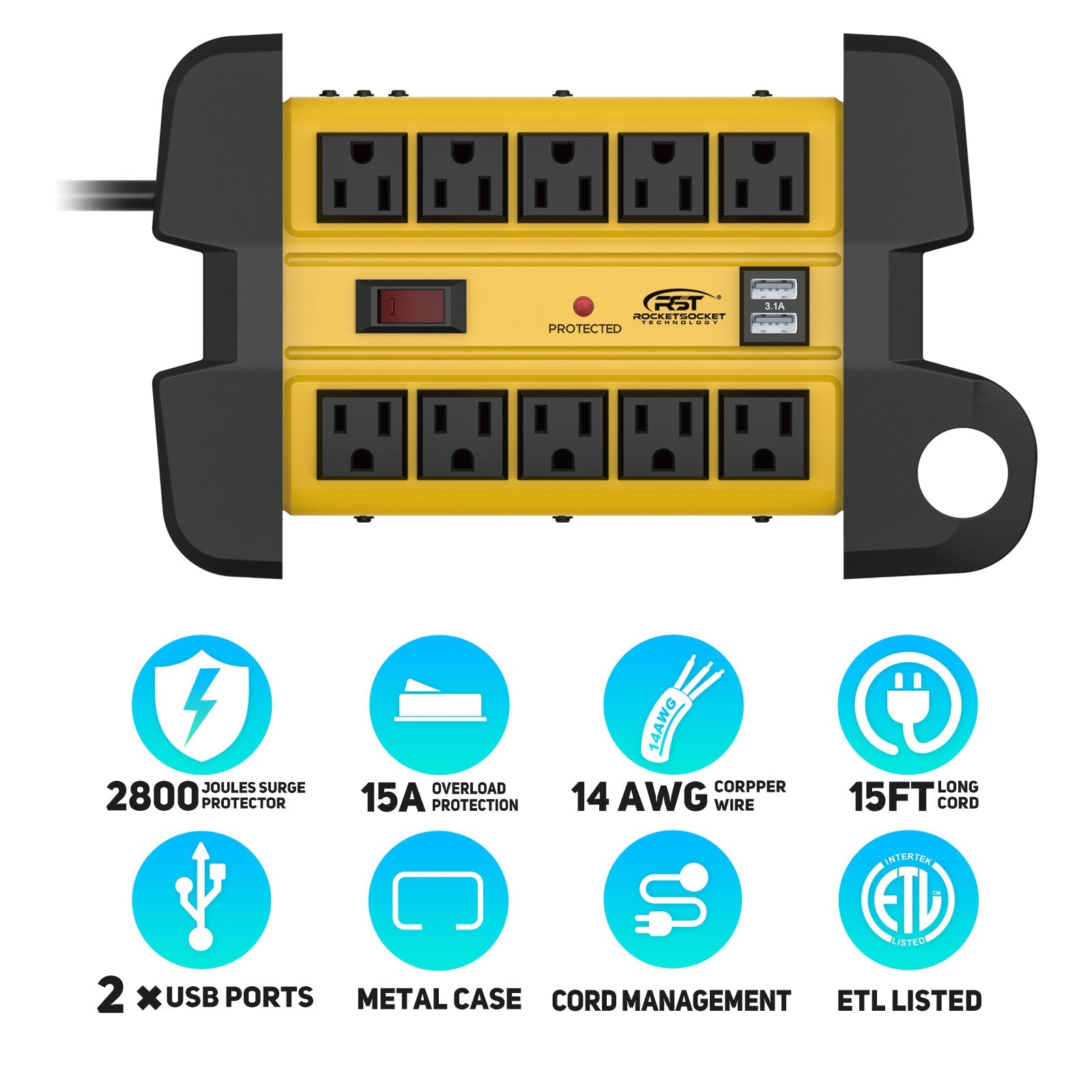 CRST 10 Outlets Dual USB Mountable Heavy Duty Metal Power Strip Surge Protector with Cord Wrapping Design, 15FT Power Cord - Mann