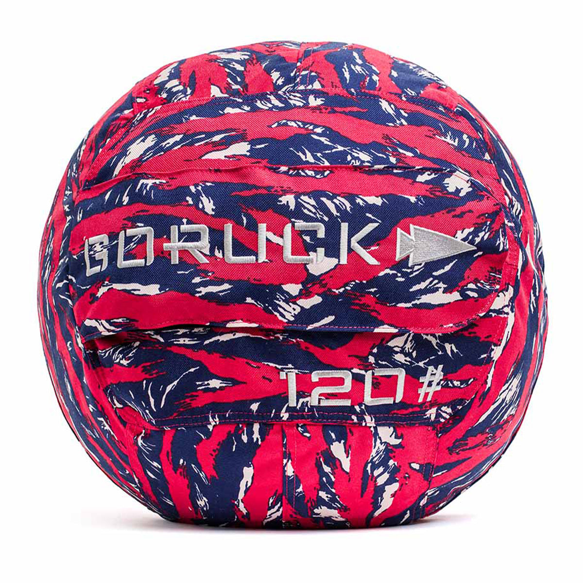 GORUCK 120 lb sandbag with red, navy, and white camo pattern for men's fitness gear
