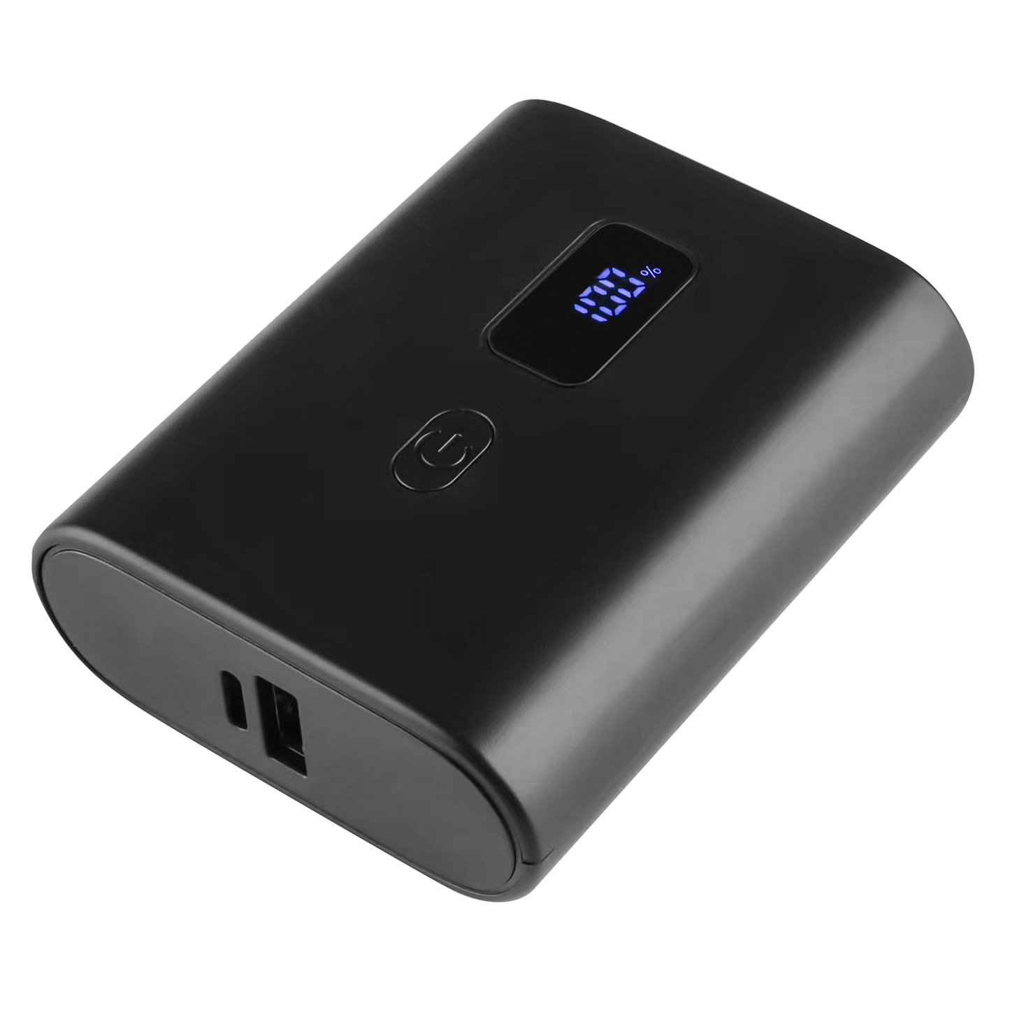 Black power bank with digital display on a white background