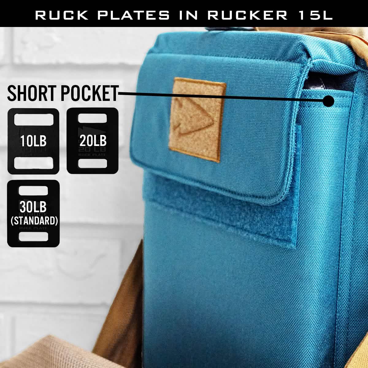 Blue Rucker 15L backpack with short pocket for 10lb, 20lb, 30lb ruck plates, men's gear