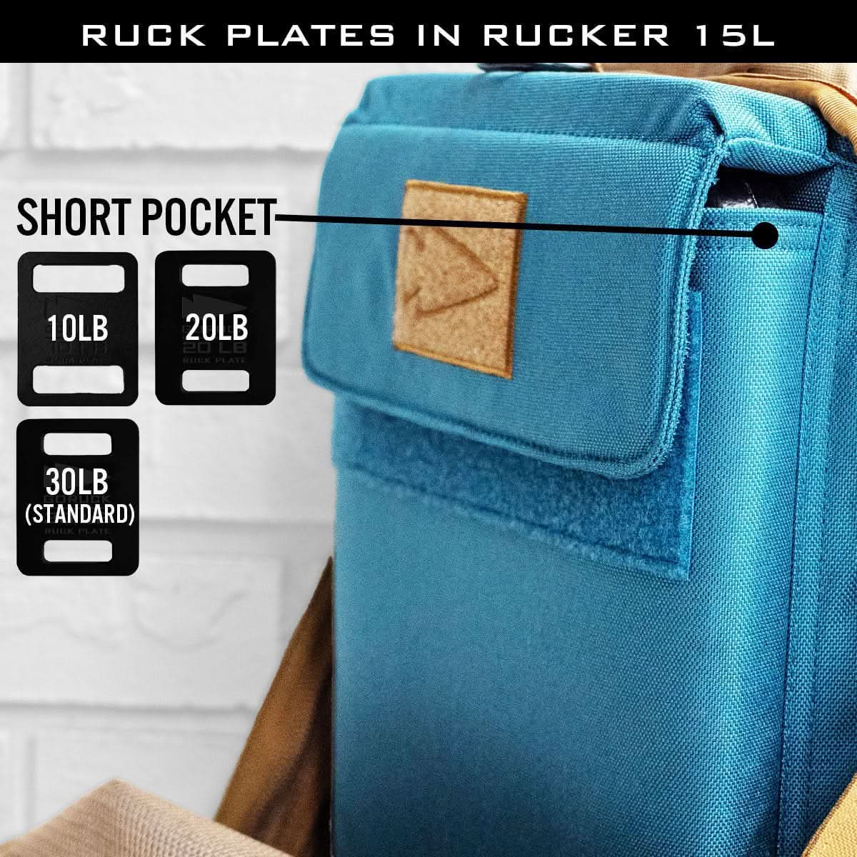 Blue rucker 15L backpack showing short pocket for 10lb, 20lb, and 30lb ruck plates.