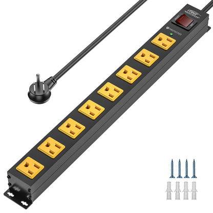 CRST 8 Outlets Wide Spaced Mountable Metal Power Strip Surge Protector, 6FT Flat Plug Power Cord, 2100 Joules Protection, Mount Kits Included - Mann