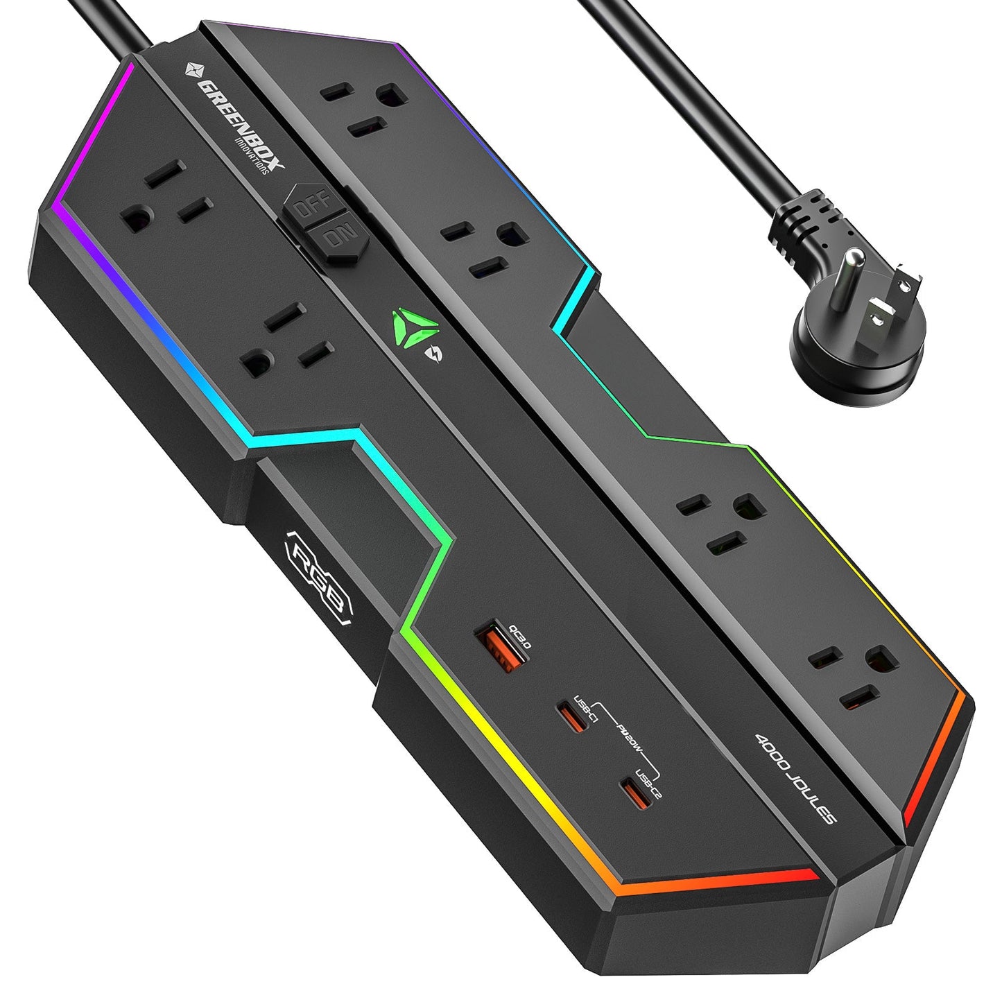 CRST Gaming Power Strip, 6 AC Outlets, 4000J Surge Protector, PD 20W Fast Charging (2 USB-C, 1 USB-A), Wide-Spaced Outlet with RGB Lights for PC, e-Sports & Home Office - Mann