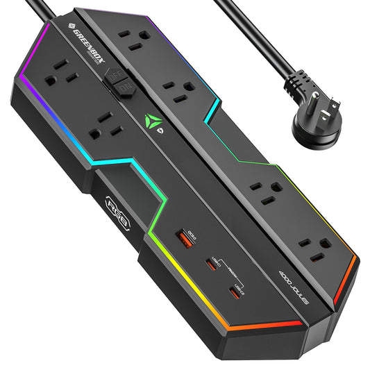 CRST Gaming Power Strip, 6 AC Outlets, 4000J Surge Protector, PD 20W Fast Charging (2 USB-C, 1 USB-A), Wide-Spaced Outlet with RGB Lights for PC, e-Sports & Home Office - Mann