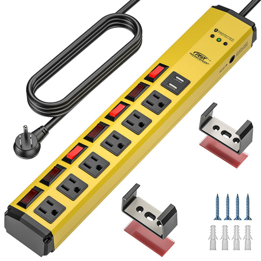 CRST 6 Outlets Individual Switches Mountable Metal Power Strip Surge Protector with Dural USB Ports 6FT Flat Plug Power Cord - Mann