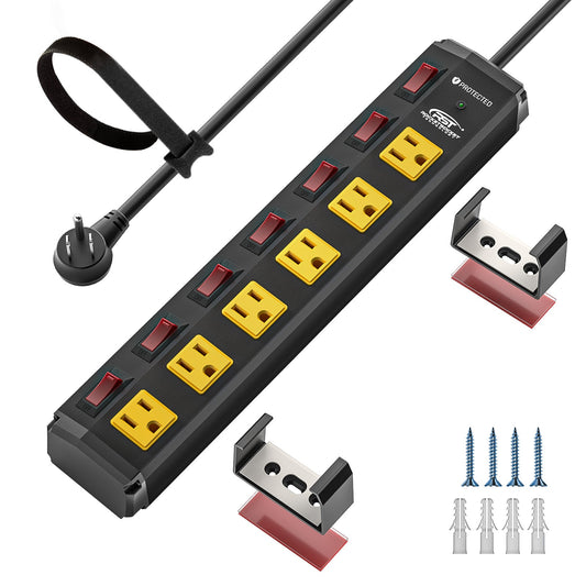 CRST 6 Outlets Individual Switches Mountable Metal Power Strip Surge Protector, 6FT Flat Plug Power Cord - Mann