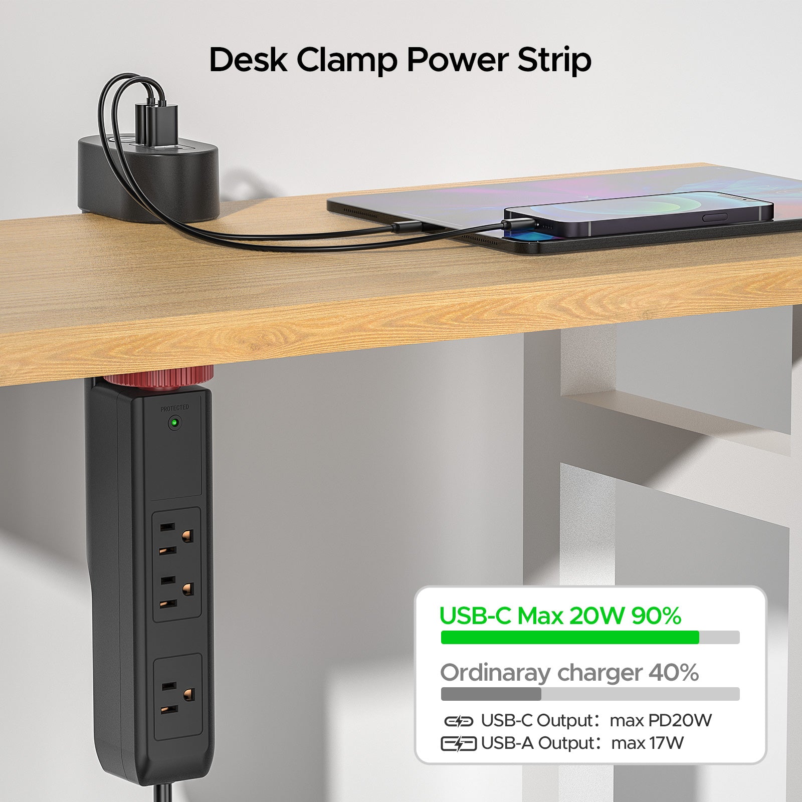 CRST Desk Clamp Surge Protector Power Strip with USB-C Port 6FT Extension Cord Flat Plug 1020J Protection Fits Tables Up to 2 Inches 36 Months Warranty - Mann