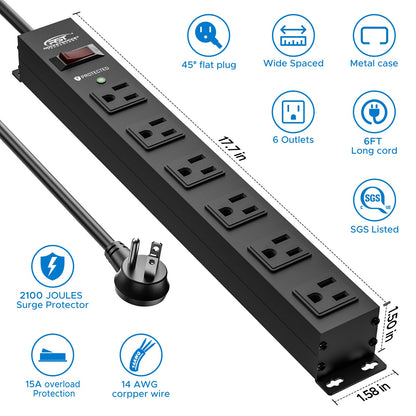 CRST 6 Outlets Wide Spaced Mountable Metal Power Strip Surge Protector, 6FT Flat Plug Power Cord, 2100 Joules Protection, Mount Kits Included - Mann