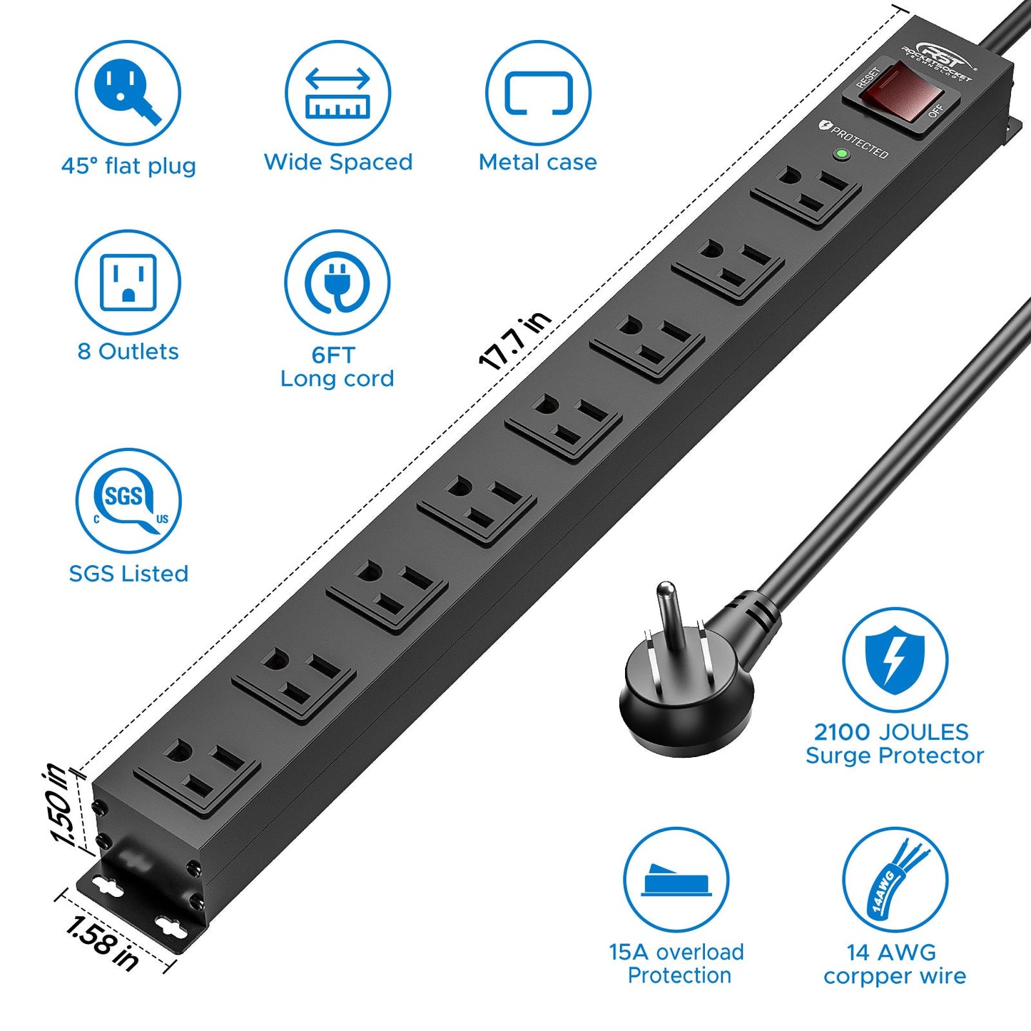 CRST 8 Outlets Wide Spaced Mountable Metal Power Strip Surge Protector, 6FT Flat Plug Power Cord, 2100 Joules Protection, Mount Kits Included - Mann