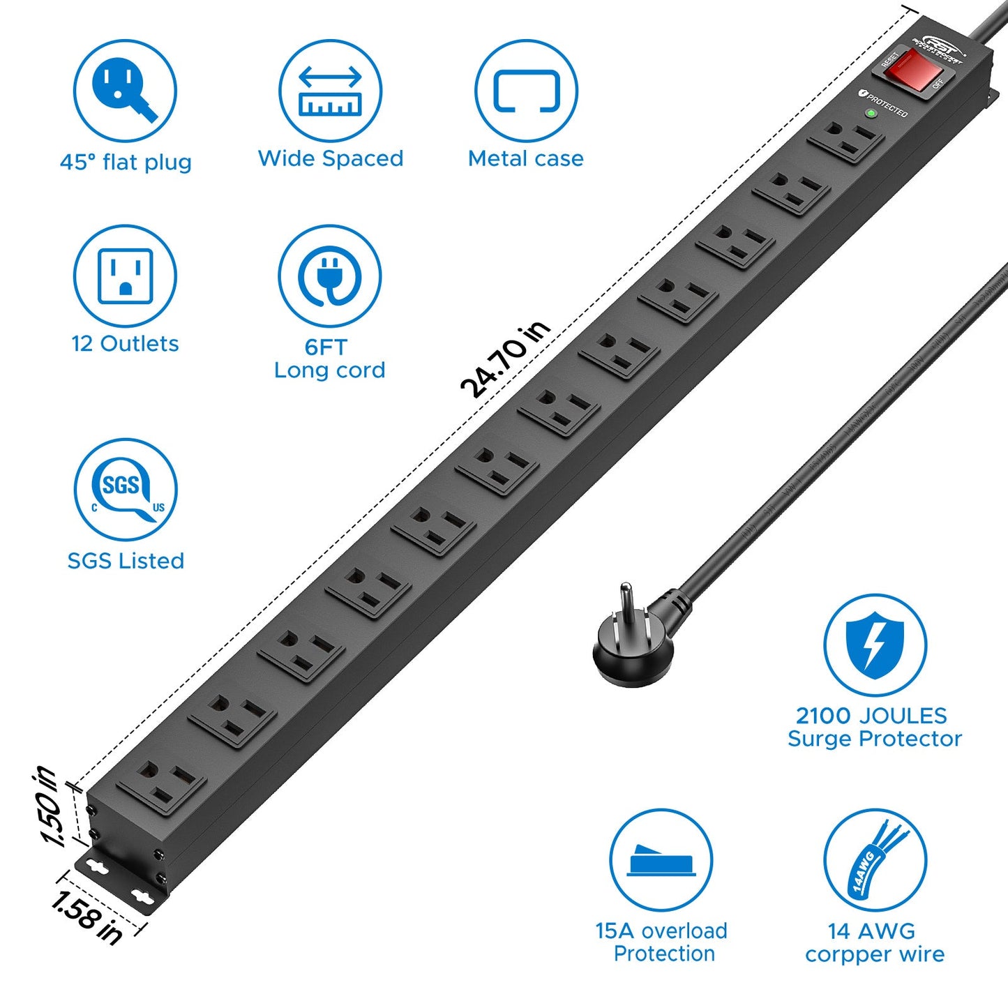 CRST 12 Outlets Wide Spaced Mountable Metal Long Power Strip Surge Protector, Flat Plug Power Cord, 36 Months Warranty - Mann