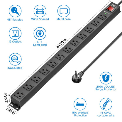 CRST 12 Outlets Wide Spaced Mountable Metal Long Power Strip Surge Protector, Flat Plug Power Cord, 36 Months Warranty - Mann