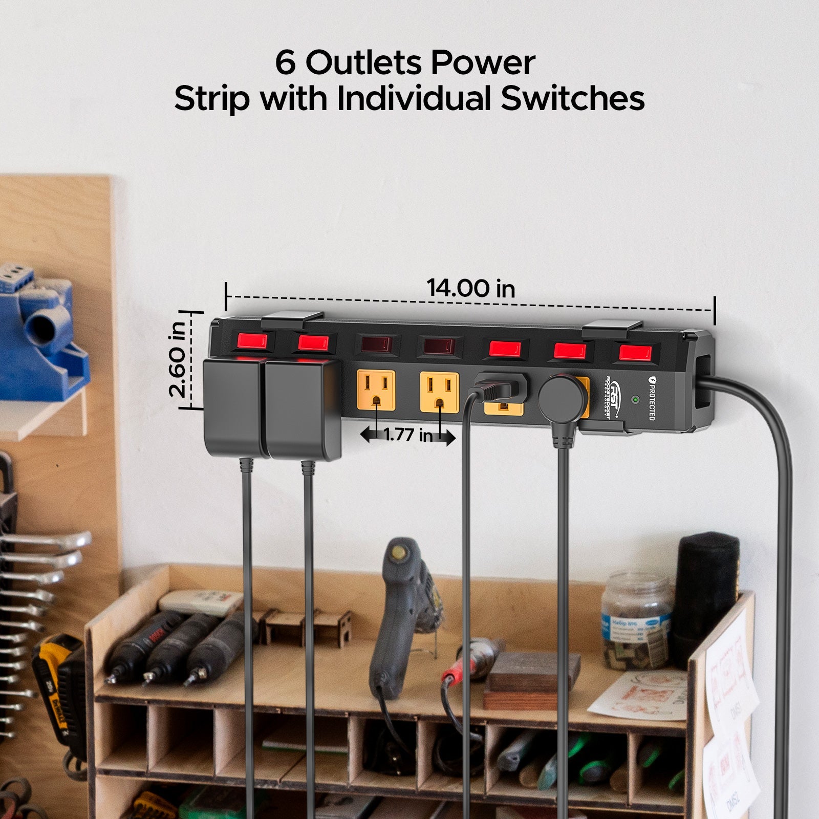 CRST 6 Outlets Individual Switches Mountable Metal Power Strip Surge Protector, 6FT Flat Plug Power Cord - Mann