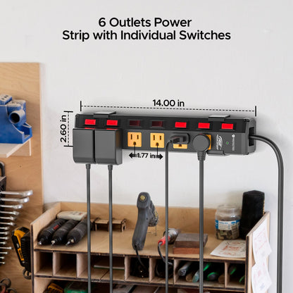 CRST 6 Outlets Individual Switches Mountable Metal Power Strip Surge Protector, 6FT Flat Plug Power Cord - Mann