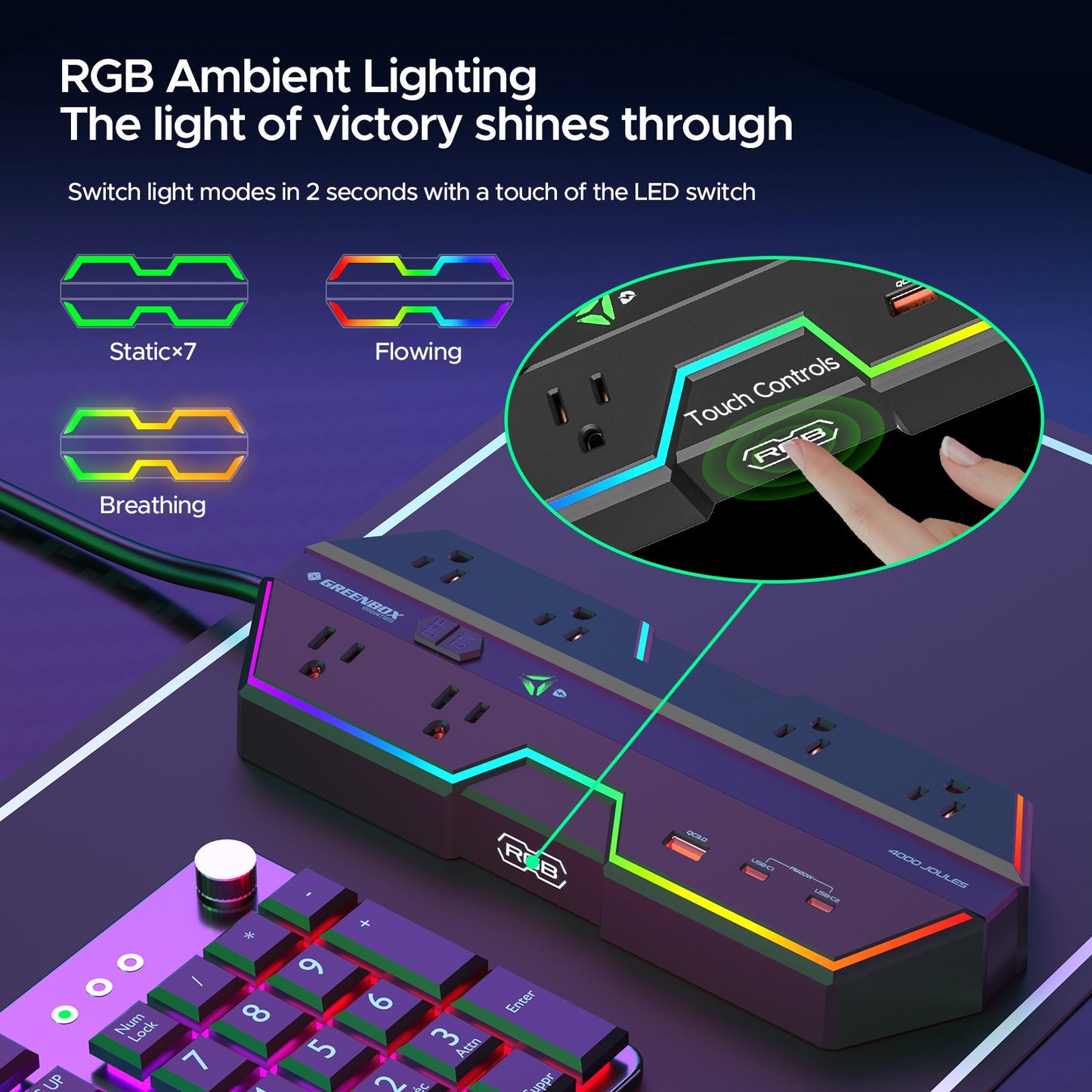 CRST Gaming Power Strip, 6 AC Outlets, 4000J Surge Protector, PD 20W Fast Charging (2 USB-C, 1 USB-A), Wide-Spaced Outlet with RGB Lights for PC, e-Sports & Home Office - Mann