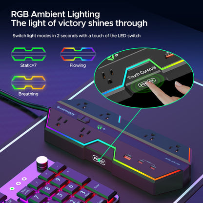 CRST Gaming Power Strip, 6 AC Outlets, 4000J Surge Protector, PD 20W Fast Charging (2 USB-C, 1 USB-A), Wide-Spaced Outlet with RGB Lights for PC, e-Sports & Home Office - Mann