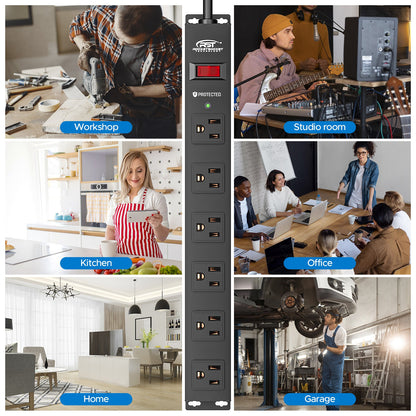 CRST 6 Outlets Wide Spaced Mountable Metal Power Strip Surge Protector, 6FT Flat Plug Power Cord, 2100 Joules Protection, Mount Kits Included - Mann