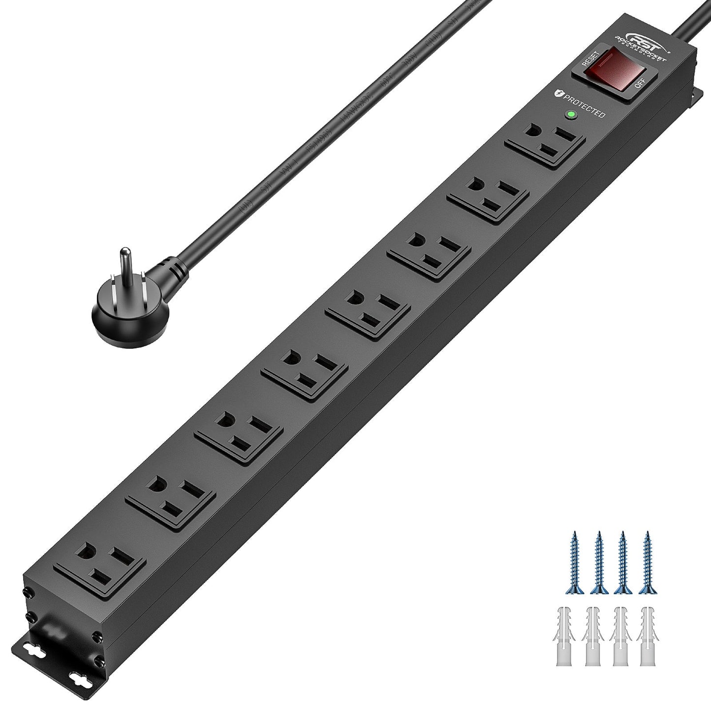 CRST 8 Outlets Wide Spaced Mountable Metal Power Strip Surge Protector, 6FT Flat Plug Power Cord, 2100 Joules Protection, Mount Kits Included - Mann
