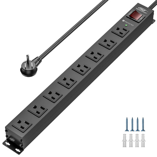 CRST 8 Outlets Wide Spaced Mountable Metal Power Strip Surge Protector, 6FT Flat Plug Power Cord, 2100 Joules Protection, Mount Kits Included - Mann