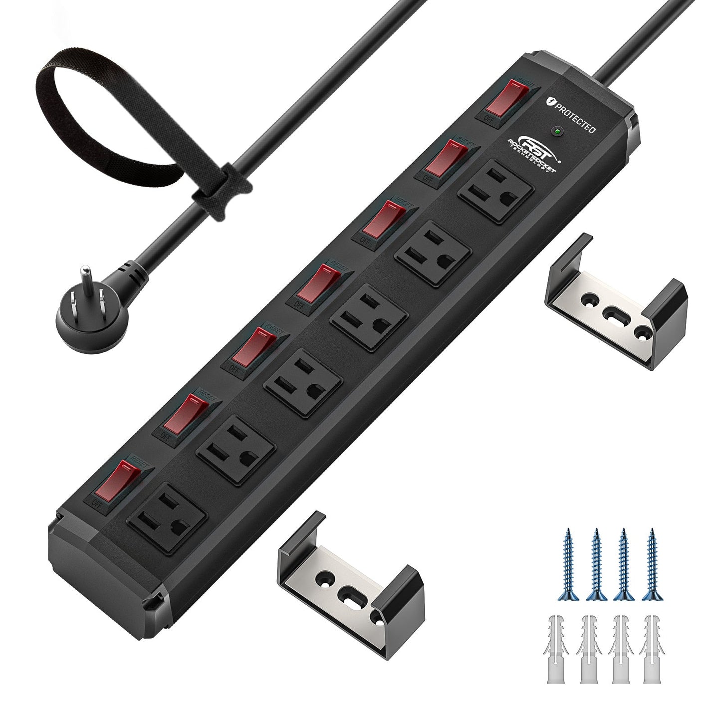 CRST 6 Outlets Individual Switches Mountable Metal Power Strip Surge Protector, 6FT Flat Plug Power Cord - Mann
