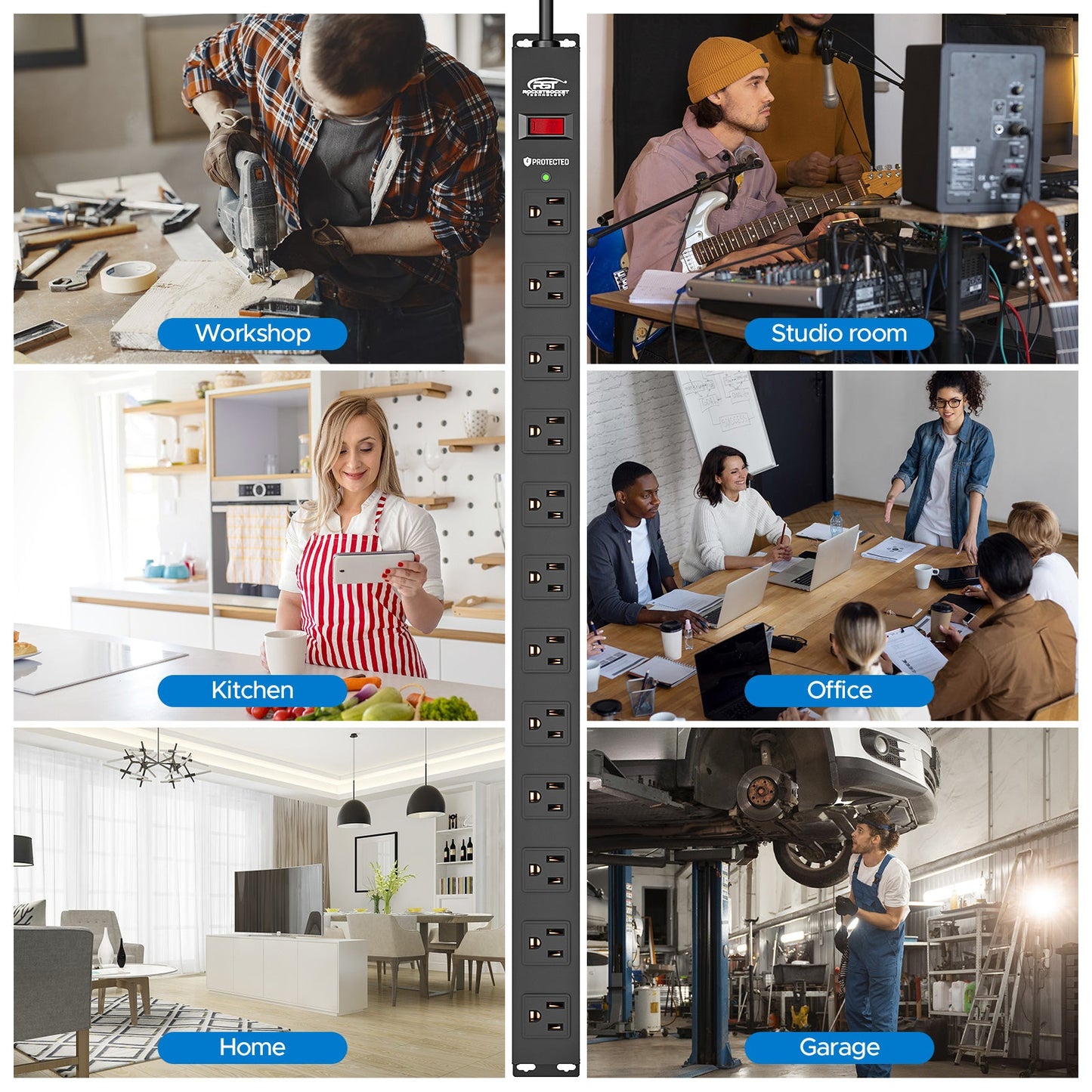 CRST 12 Outlets Wide Spaced Mountable Metal Long Power Strip Surge Protector, Flat Plug Power Cord, 36 Months Warranty - Mann