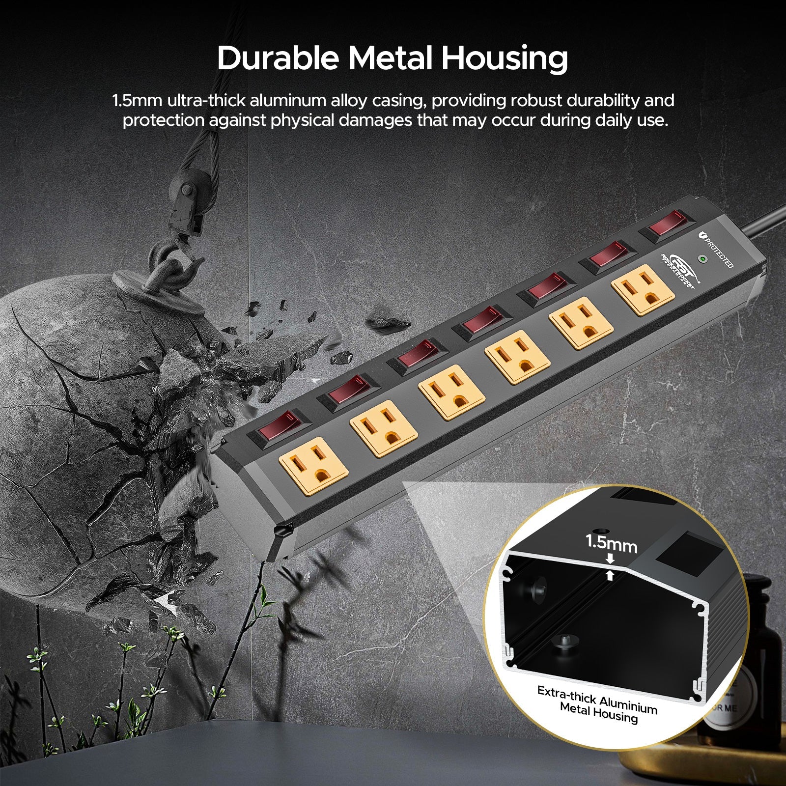 CRST 6 Outlets Individual Switches Mountable Metal Power Strip Surge Protector, 6FT Flat Plug Power Cord - Mann