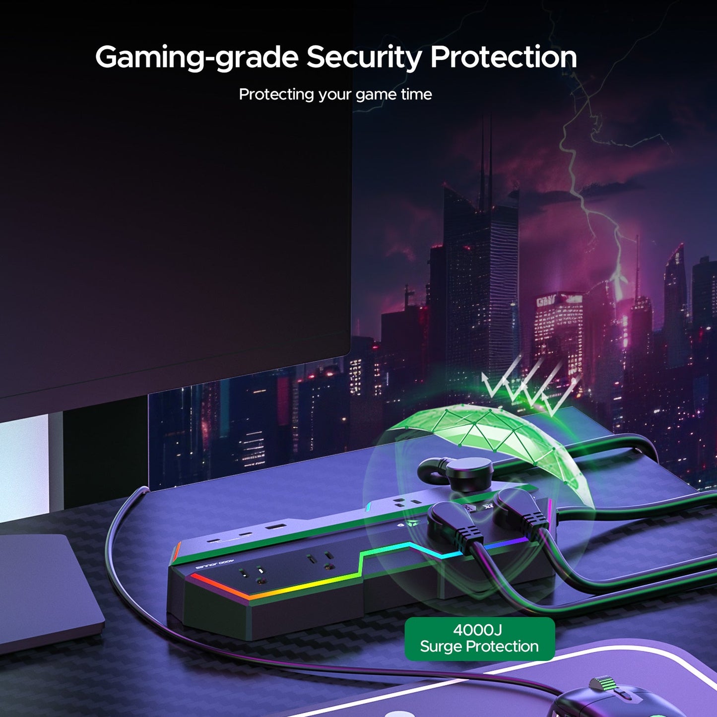 CRST Gaming Power Strip, 6 AC Outlets, 4000J Surge Protector, PD 20W Fast Charging (2 USB-C, 1 USB-A), Wide-Spaced Outlet with RGB Lights for PC, e-Sports & Home Office - Mann