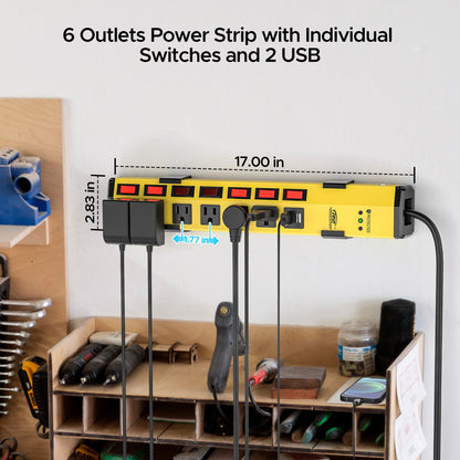 CRST 6 Outlets Individual Switches Mountable Metal Power Strip Surge Protector with Dural USB Ports 6FT Flat Plug Power Cord - Mann