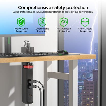 CRST Desk Clamp Surge Protector Power Strip with USB-C Port 6FT Extension Cord Flat Plug 1020J Protection Fits Tables Up to 2 Inches 36 Months Warranty - Mann
