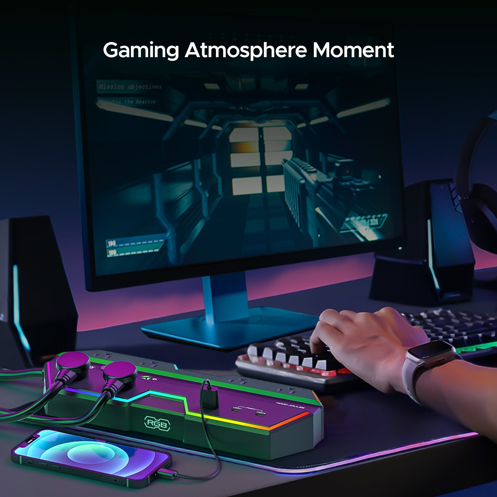 CRST Gaming Power Strip, 6 AC Outlets, 4000J Surge Protector, PD 20W Fast Charging (2 USB-C, 1 USB-A), Wide-Spaced Outlet with RGB Lights for PC, e-Sports & Home Office - Mann