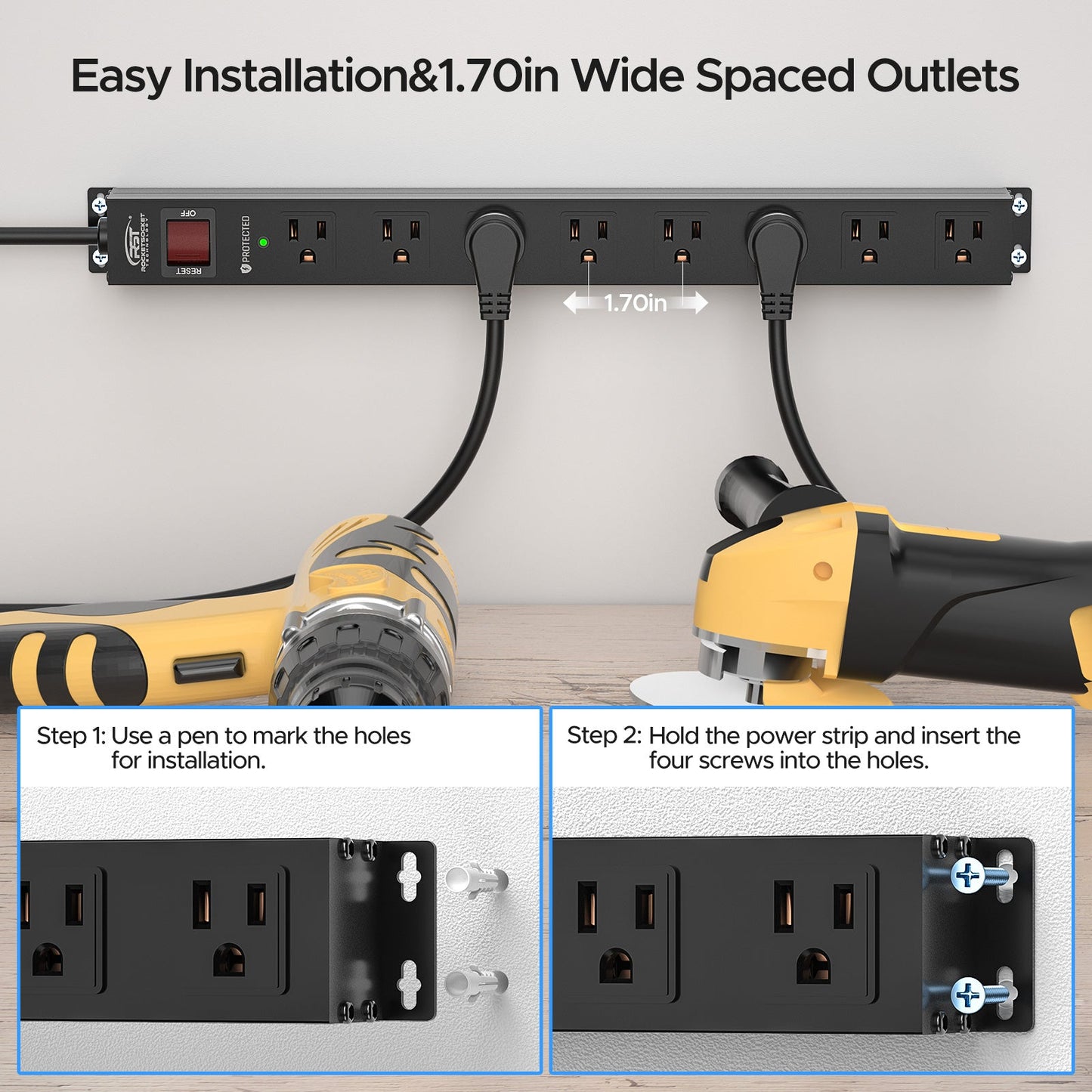 CRST 8 Outlets Wide Spaced Mountable Metal Power Strip Surge Protector, 6FT Flat Plug Power Cord, 2100 Joules Protection, Mount Kits Included - Mann