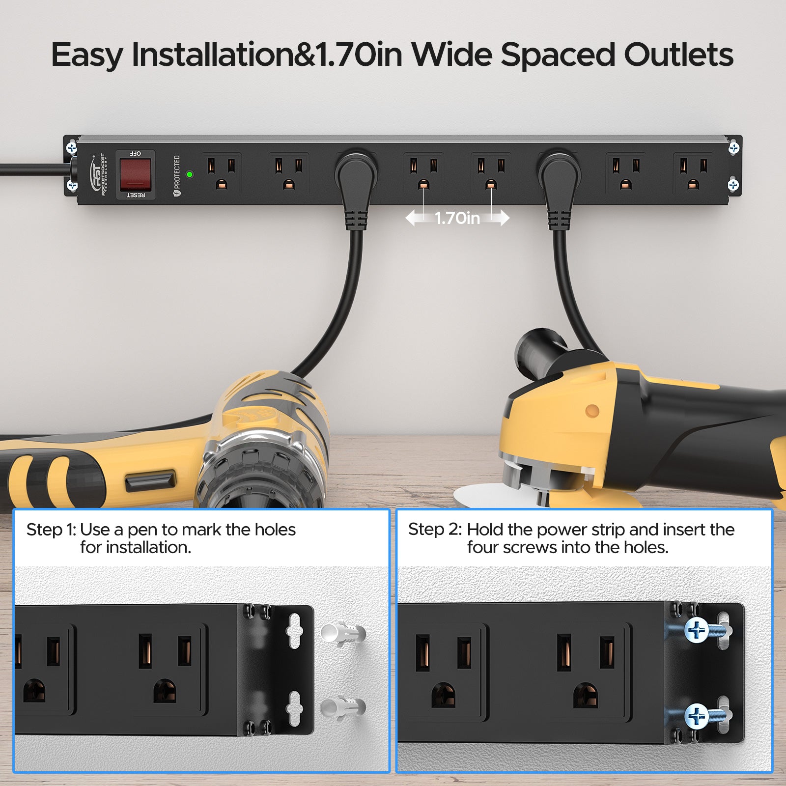 CRST 8 Outlets Wide Spaced Mountable Metal Power Strip Surge Protector, 6FT Flat Plug Power Cord, 2100 Joules Protection, Mount Kits Included - Mann