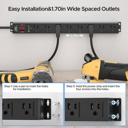 CRST 8 Outlets Wide Spaced Mountable Metal Power Strip Surge Protector, 6FT Flat Plug Power Cord, 2100 Joules Protection, Mount Kits Included - Mann