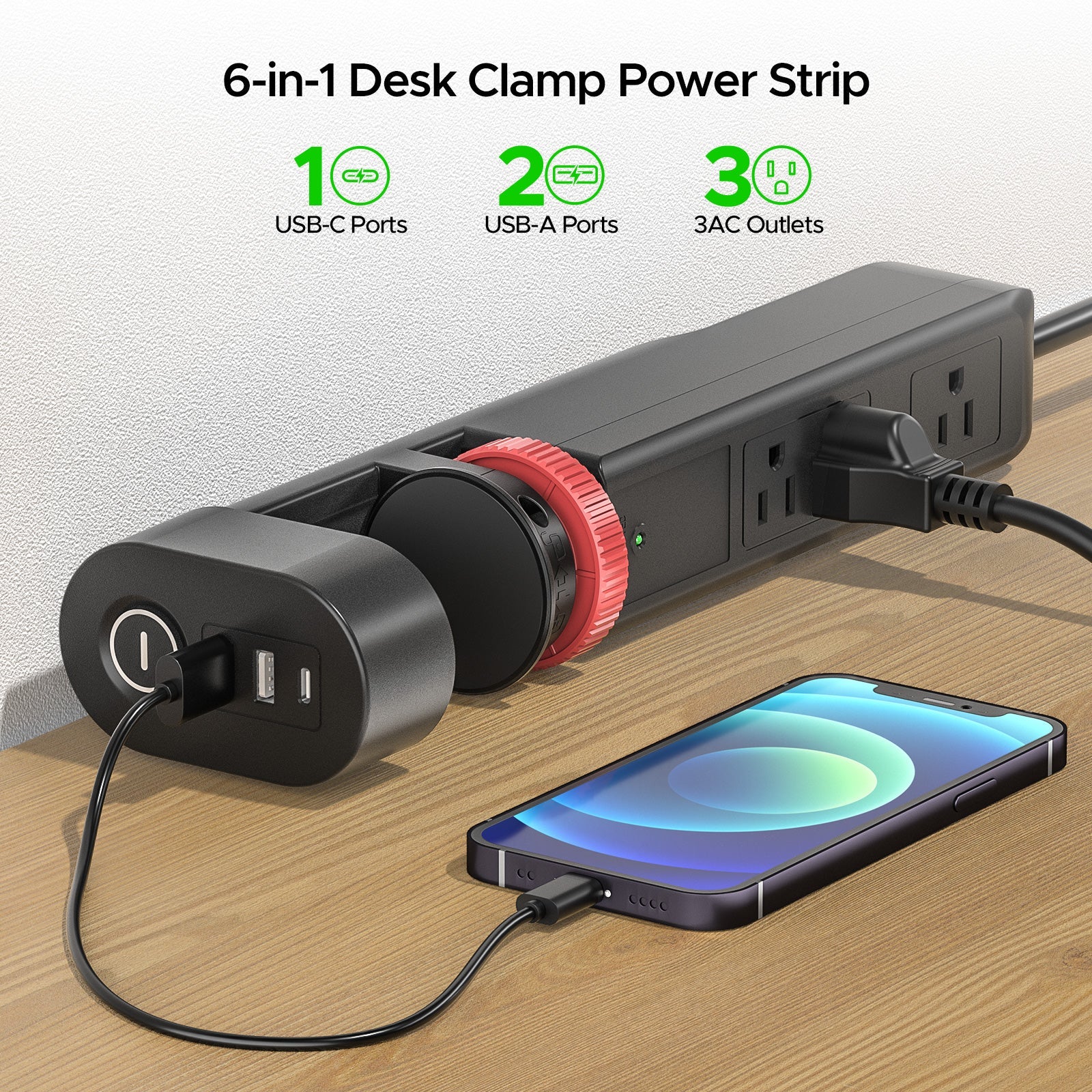 CRST Desk Clamp Surge Protector Power Strip with USB-C Port 6FT Extension Cord Flat Plug 1020J Protection Fits Tables Up to 2 Inches 36 Months Warranty - Mann