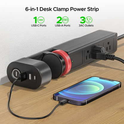 CRST Desk Clamp Surge Protector Power Strip with USB-C Port 6FT Extension Cord Flat Plug 1020J Protection Fits Tables Up to 2 Inches 36 Months Warranty - Mann