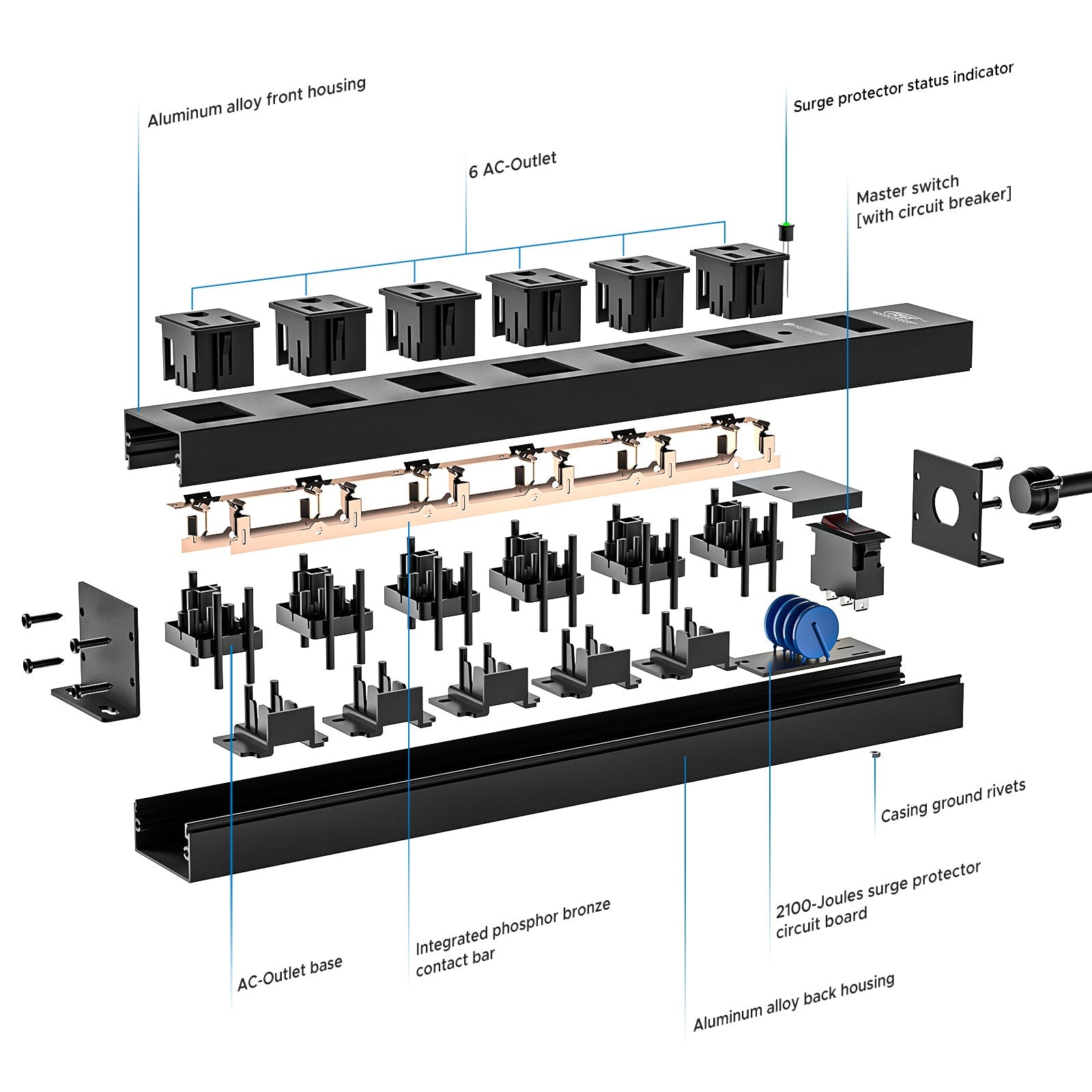 CRST 6 Outlets Wide Spaced Mountable Metal Power Strip Surge Protector, 6FT Flat Plug Power Cord, 2100 Joules Protection, Mount Kits Included - Mann