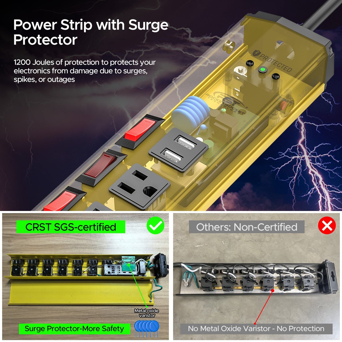 CRST 6 Outlets Individual Switches Mountable Metal Power Strip Surge Protector with Dural USB Ports 6FT Flat Plug Power Cord - Mann