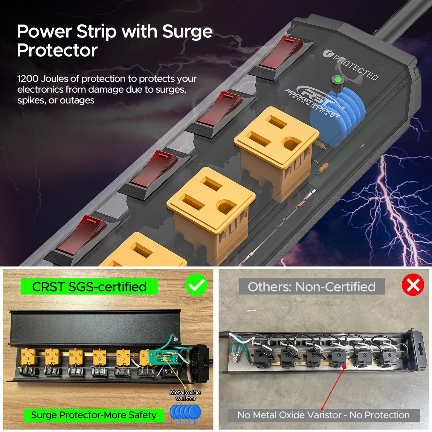 CRST 6 Outlets Individual Switches Mountable Metal Power Strip Surge Protector, 6FT Flat Plug Power Cord - Mann