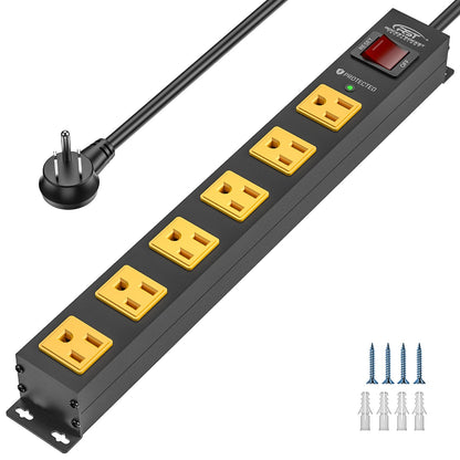 CRST 6 Outlets Wide Spaced Mountable Metal Power Strip Surge Protector, 6FT Flat Plug Power Cord, 2100 Joules Protection, Mount Kits Included - Mann