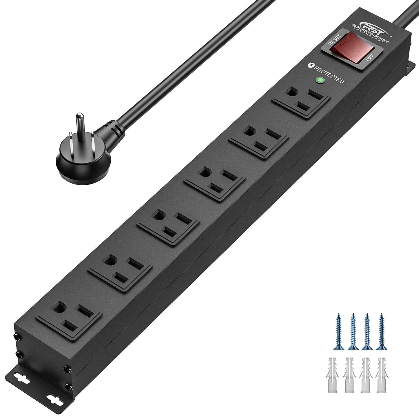 CRST 6 Outlets Wide Spaced Mountable Metal Power Strip Surge Protector, 6FT Flat Plug Power Cord, 2100 Joules Protection, Mount Kits Included - Mann