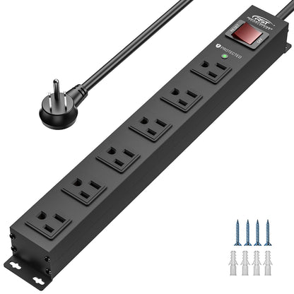 CRST 6 Outlets Wide Spaced Mountable Metal Power Strip Surge Protector, 6FT Flat Plug Power Cord, 2100 Joules Protection, Mount Kits Included - Mann