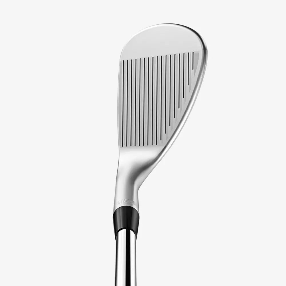 Men’s stainless steel golf wedge club with grooved face on white background