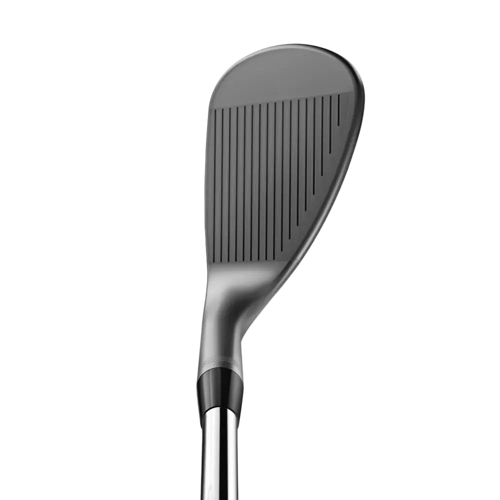 Men’s golf wedge club with textured face and steel shaft on white background